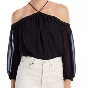 1 STATE off shoulder x neck black sheer top - sz Large - EUC